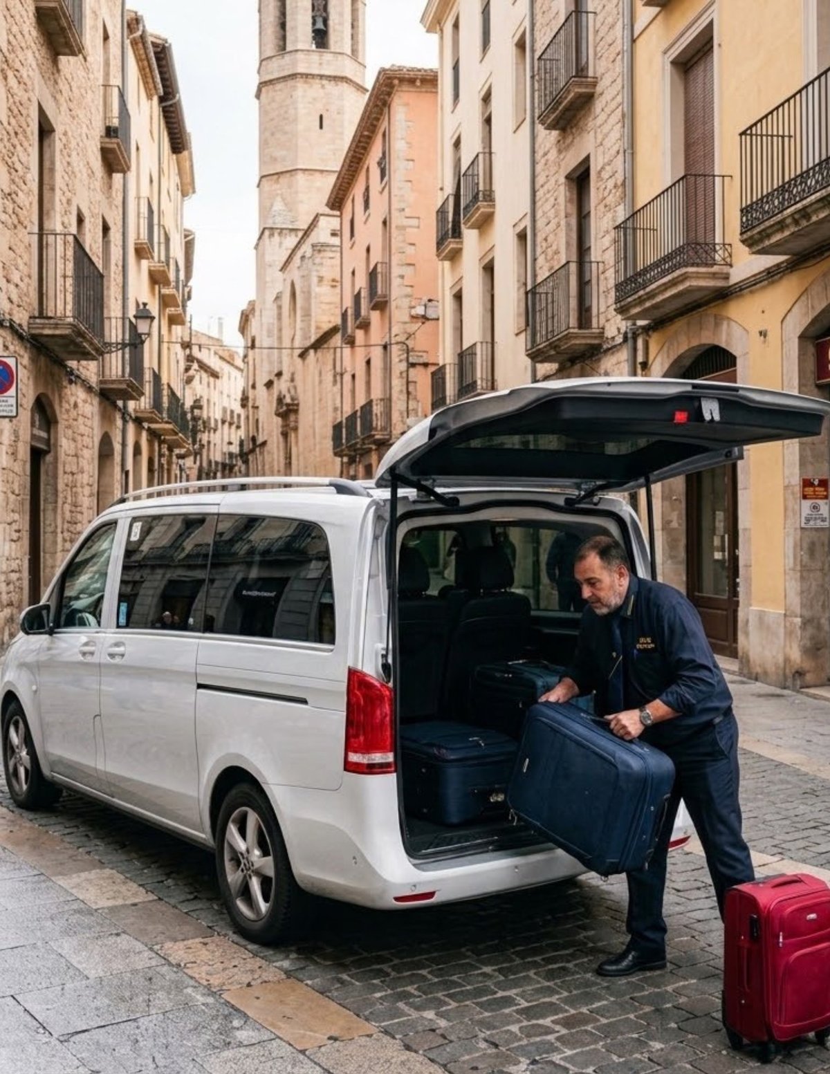 Pere cargando maletas en el maletero del Mercedes-Benz Clase V con el logo del servicio en la puerta, en una calle empedrada del centro histórico de Valls